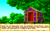 Ultima VI screenshot depicting a gypsy wagon in or near a forest. A narrative in French appears at the bottom of the screen on stylized parchment.