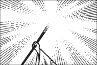 Black and white drawing of a robed arm holding a staff aloft which radiates light from the tip.