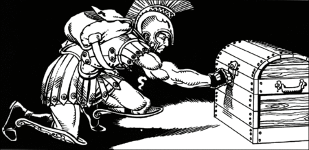 Black and white drawing of a crouching man clad in medieval armour and a backpack, works the lock of a chest.