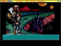 Impressionistic screenshot from the FM Towns version of Ultima I depicting a heavily equipped traveller overlooking a castle in the distance. Japanese text can be seen at the bottom.