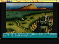 Impressionistic screenshot from the FM Towns version of Ultima I depicting a castle among varied terrain. Japanese text can be seen at the bottom.