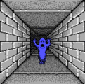 Screenshot from Ultima V of a blue ghost in a dungeon corridor.