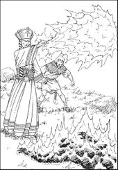 Black and white drawing: a mage's outstretched arm is emits a fireball. A horrified a onlooker gapes at the charred remains of a body on the ground.