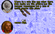 Screenshots of a conversation on an icy terrain including portraits of the player and a humanoid face surrounded by fur.