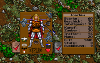 Screenshot from Ultima VII in German depicting the player's paper doll and stats.
