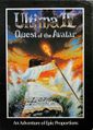 The cover of a game box titled "Ultima IV Quest of the Avatar" featuring a mage carrying a staff with an ankh filial, confronting crashing waves along a shore.