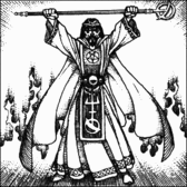 Monochrome drawing of a bearded man, facing forward, wearing a billowing cape and holding a staff horizontal over his head. His tabard has several arcane symbols of it. A fire-like effect appears in the background.