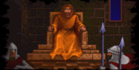 Screenshot from Ultima Underworld of an FMV of a bearded man sitting on a thrown with guards armed with spears in the foreground.