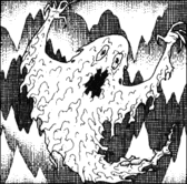 Black and white drawing of a floating ghost that appears to be composed of slime. Stalactites and stalagmites appear in the foreground and background.