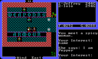 Screenshot from Ultima IV depicting a conversation between the player and a fellow patron of a weapons & armour shop.