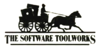 Logo for "THE SOFTWARE TOOLWORKS" depicting a silhouette of a horse-drawn carriage, loaded with two 5.25" floppy disks, in motion.