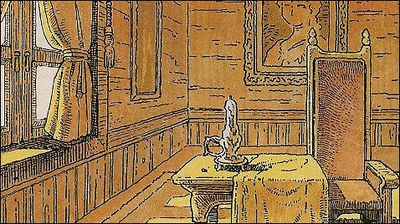 A drawing in warm brown and yellow tones depicts a room with a tall, ornate chair, a small table with a melting candle, and a window with full, pleated drapes. A framed portrait hangs on the wall.