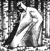 Black and white drawing of a cloaked man in a forest.