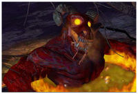Screenshot of an FMV of the Avatar performing the ritual and a daemon with flaming eyes rising from the fiery ground.