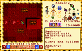 Screenshot from Ultima VI of a human standing before a giant ant on a pedestal, flanked by 2 more giant ants.