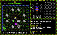 A screenshot from the C64 version of Ultima VI, depicting a part of 4 surrounded by stones. 3 flying figures are nearby.