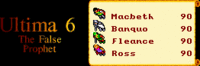 Graphic titled "Ultima 6 The False Prophet". On stylized parchment are 4 icons representing player characters as appearing in Ultima VI, all named for characters from the play MacBeth.