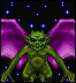 Ultima Underworld II pixel art of a portrait of a green, purple-winged sinister-looking creature against a starry black background.