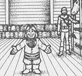 Monochrome drawing of a small, smiling, diminutive humanoid with outstretched arms. What appears to be a human stands in the background.