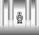 A grayscale screenshot from Ultima: Runes of Virtue of a character standing among pillars with a tile over his face.