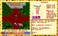 Screenshot from Ultima VI of the player outside a castle conversing with "Jaana". Text is in German.