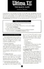 Cover of a booklet titled "Ultima® VII THE BLACK GATE™ Install Guide". A quick installation guide is insets. Main installation instructions follow.