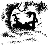 Silhouette of a snake coiling around a struggling victim who holds a bladed weapon.