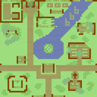 Map of a town using Ultima II tile graphics. Unlike most tiles from Ultima's tile-based graphics which have black backgrounds, this one is green.