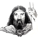 Black and white drawing of a portrait of a bearded man holding a staff.
