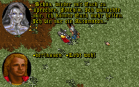 Screenshot from Ultima VII Part Two, taken outdoors, depicting a conversation between the player and a robotic NPC, in German.