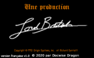 Screenshot of the title screen identifying a "Lord British" production in French. A notation about the source, including a copyright symbol, appears at the bottom of the screen.