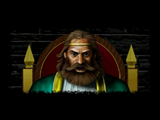 Screenshot from the PSX version of Ultima Underworld of an FMV of a portrait of a bearded man on a thrown.