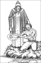 Black and white drawing of a shirtless man kneeling by a small water body. He appears to be suffering from some horrible skin affliction, but a robed woman is sprinkling something on his arm, which is having a magical healing effect.