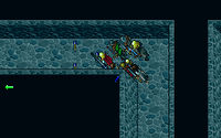 Screenshot of a party of 5 in a dungeon corridor with arrows strewn on the ground