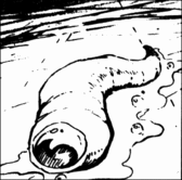 Black and white sketch of a slug with a prominent rounded head, possibly an eye or mouth, and is surrounded by acidic secretions on the ground.