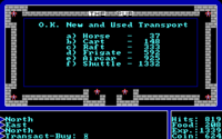 Ultima II screenshot depicting a menu that lists a highly varied list of vehicles that can be purchased.