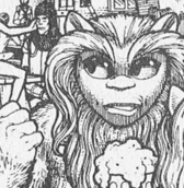 Monochrome drawing of a portrait of a primate apparently in a tavern.