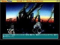 Impressionistic screenshot from the FM Towns version of Ultima II depicting ruins smoldering in the background and an emaciated man in the foreground. Japanese text can be seen at the bottom.