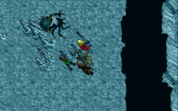 Screenshot from Ultima VII of a party of adventurers approaching a create with the body of a large spider and the upper body of a human.