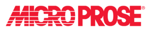 Monochrome company logo of "MICRO PROSE". The block font is red. The "M" is made italic and white stripes appear over "MICRO".