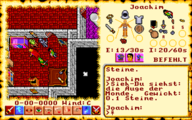 Screenshot from Ultima VI of the party in a bedroom in a castle. The player's paper doll is visible. Text is in German.