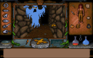 Screenshot from Ultima Underworld of a ghost consisting of floating, blue sheets.