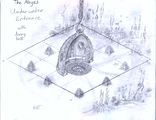 Isometric sketch of a half of a diving bell, hooked to a chain, rests on what appears to be a virtual plane. Weeds, as expected at the bottom of the sea floor are visible in along the fringes of the plane. Text reads "The Abyss Underwater Entrance with diving bell".