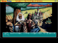 Impressionistic screenshot from the FM Towns version of Ultima I depicting several men in the foreground and a castle in the background. Japanese text can be seen at the bottom.