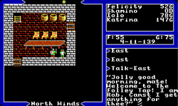 Screenshot of Ultima V UI including tile graphics of an armoured man in dialogue with a tavernkeeper