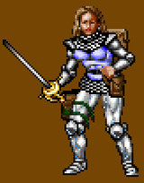 Ultima VII paper doll of a female Avatar clad in armour and holding a sword.