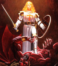 A colorful drawing of a blond man clad in medieval armour with an ankh drawn on his chest. He is hold a sword and a shield. He has a foot on the chest of an anguished gargoyle. A light appears to be shining on his head.