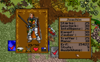 Screenshot of Ultima VII Part Two showing the player's paper doll inset, with stats listed in German.