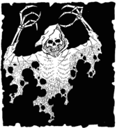 Black and white drawing of a floating skeletal ghost, dressed in rags and missing a lower body.