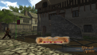 Screenshot of a medieval town. A control appears inset, that allows a player to buy a stone cottage.